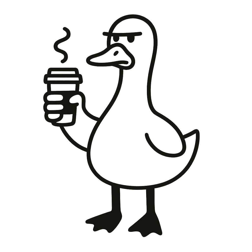 Grumpy Goose holding a coffee in a to go cup